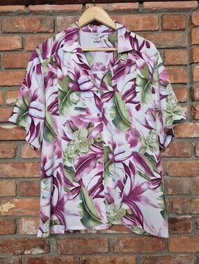 TanJay Tropical Floral Button Front Blouse Pink Green Resort Shirt Work 18
